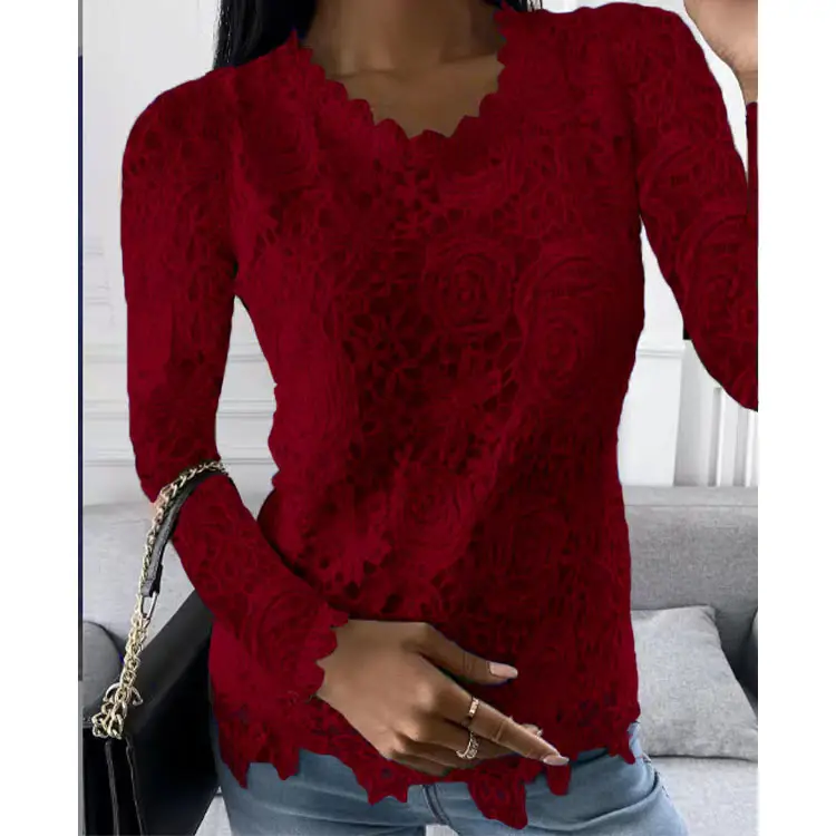 Red Lace Long Sleeve Top for Women 2025 Winter - Image 3