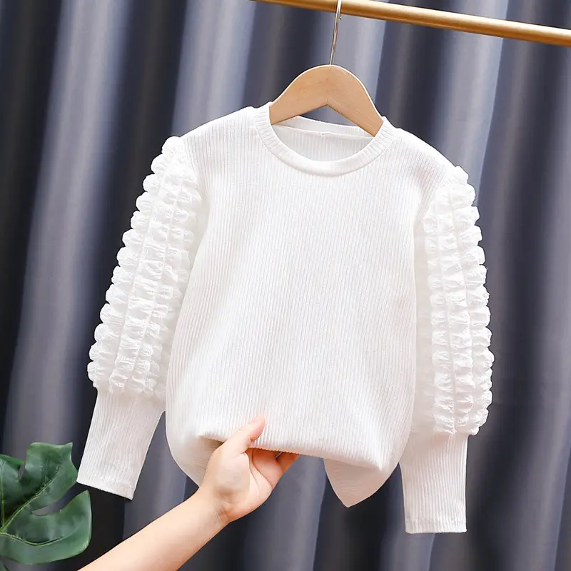 Girls White Cotton Long Sleeve T-Shirt with Lantern Puff Design - Image 2