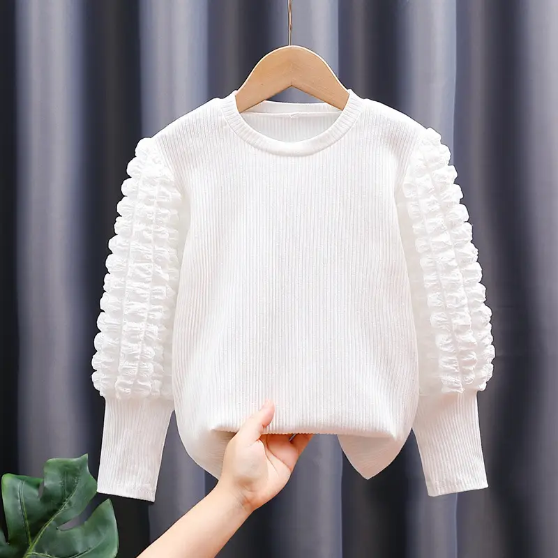 Girls White Cotton Long Sleeve T-Shirt with Lantern Puff Design - Image 3