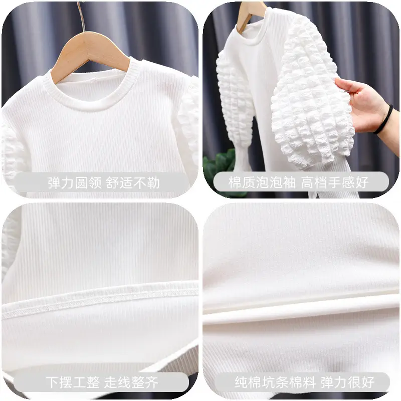 Girls White Cotton Long Sleeve T-Shirt with Lantern Puff Design - Image 5