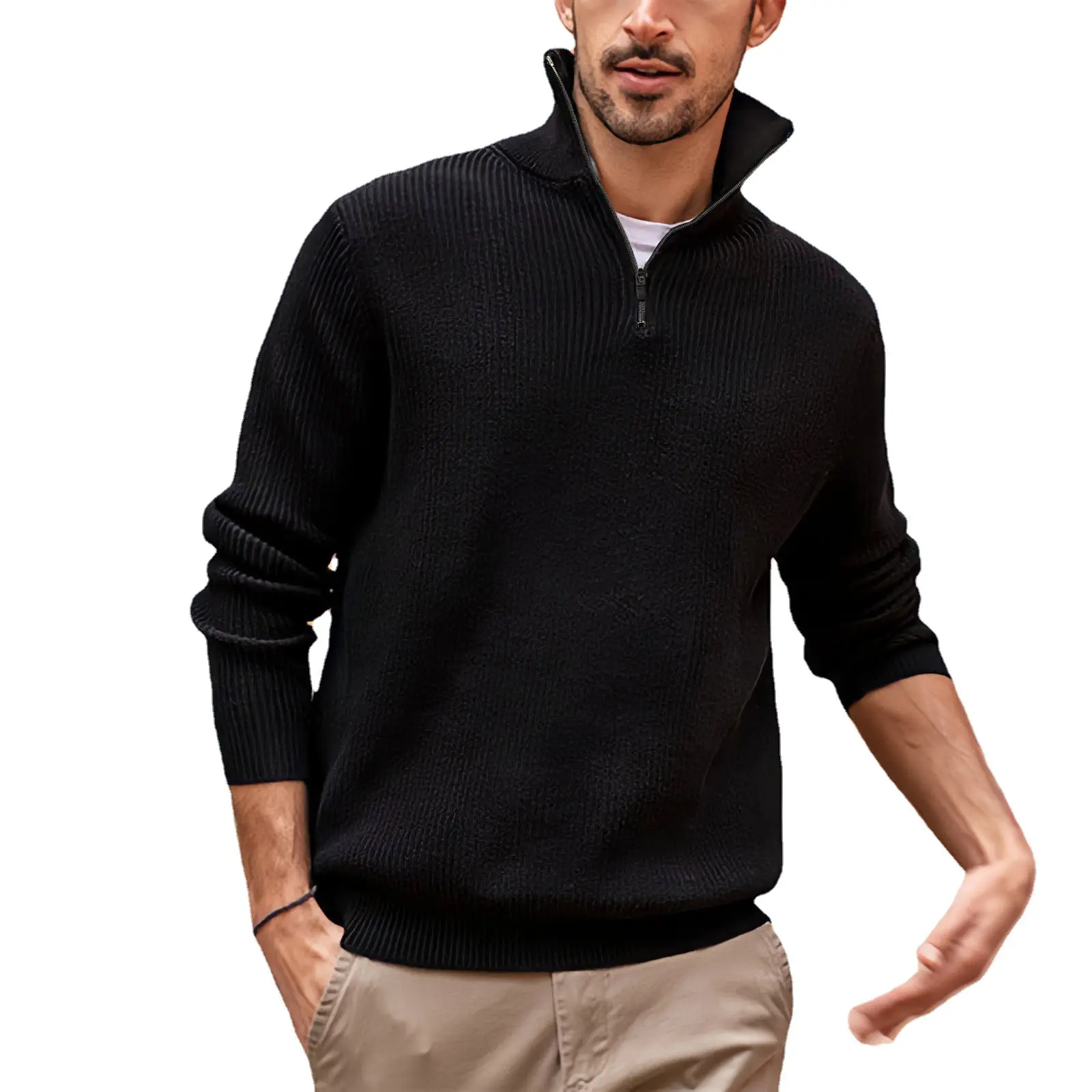 Men's White Zipper Turtleneck Polo Shirt - Image 8