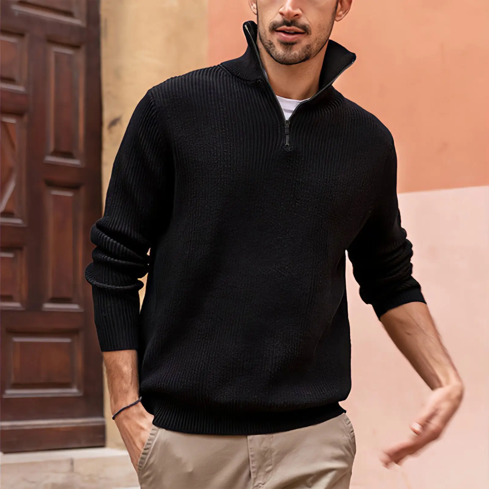 Men's White Zipper Turtleneck Polo Shirt - Image 2