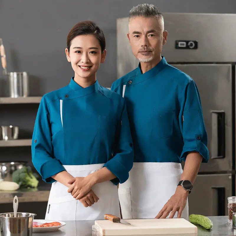 High-end Chef Workwear Blue Long Sleeve for Men