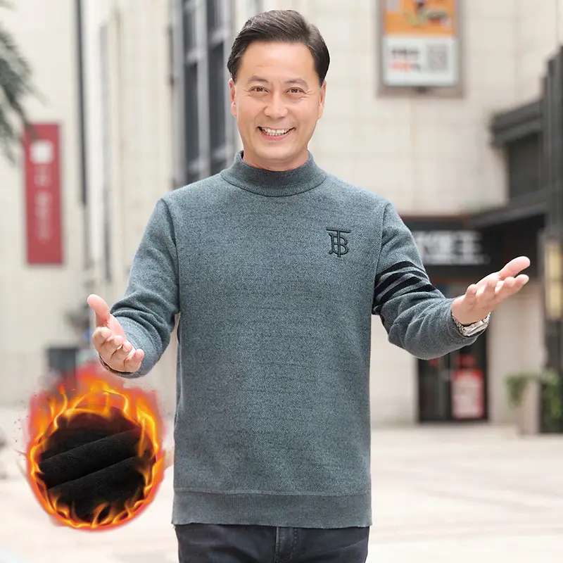 Men Fleece Lined Middle-aged Sweater with Knitted Bottom - Image 4