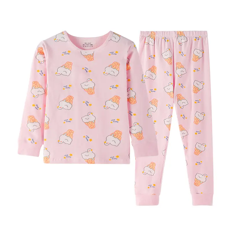 Girls Cotton Pajamas Pink White Long Sleeve Cartoon