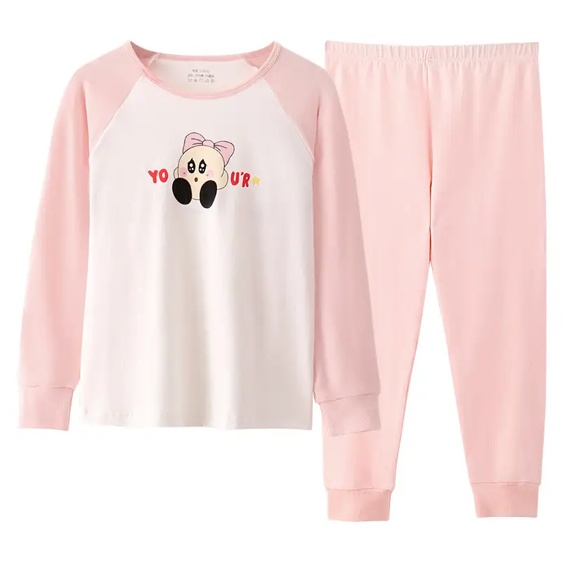 Girls Cotton Pajamas Pink White Long Sleeve Cartoon