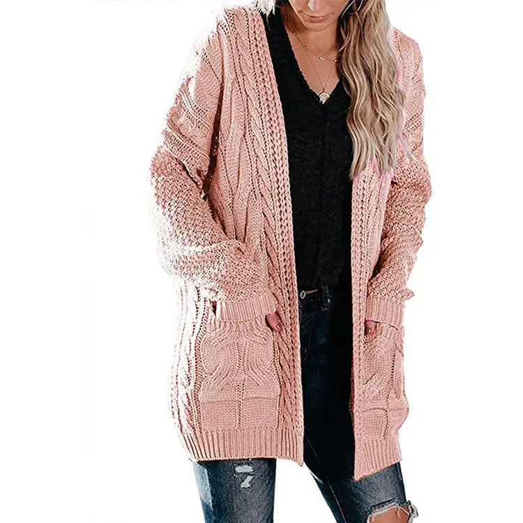 Women's Green Twist Knitted Mid-Length Jacket with Pocket - Image 2