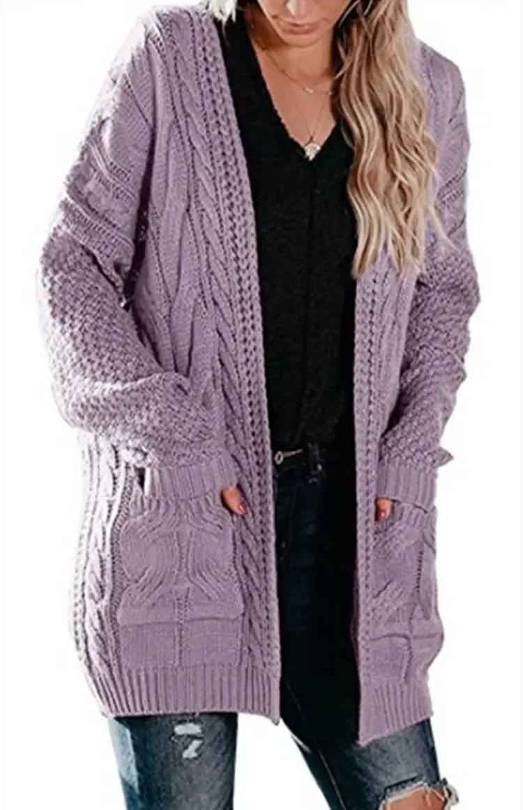 Women's Green Twist Knitted Mid-Length Jacket with Pocket - Image 3