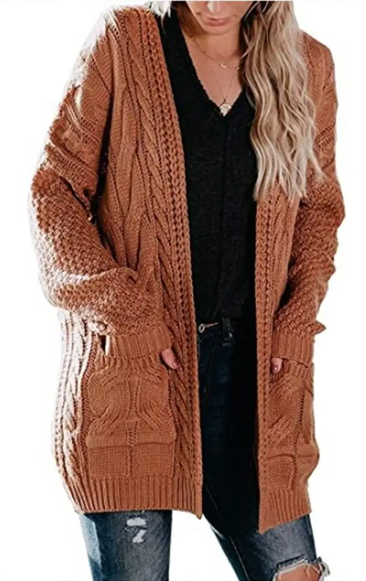 Women's Green Twist Knitted Mid-Length Jacket with Pocket - Image 9