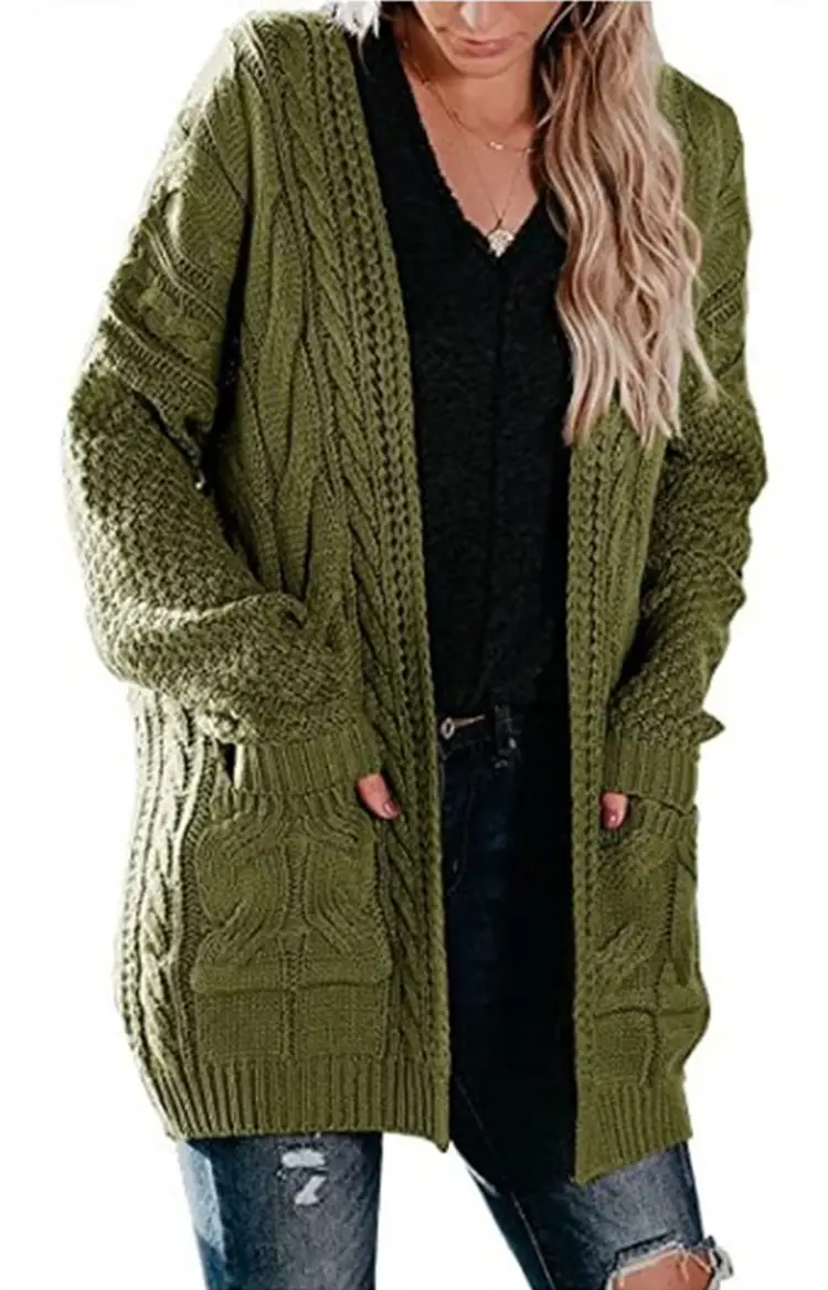Women's Green Twist Knitted Mid-Length Jacket with Pocket - Image 7