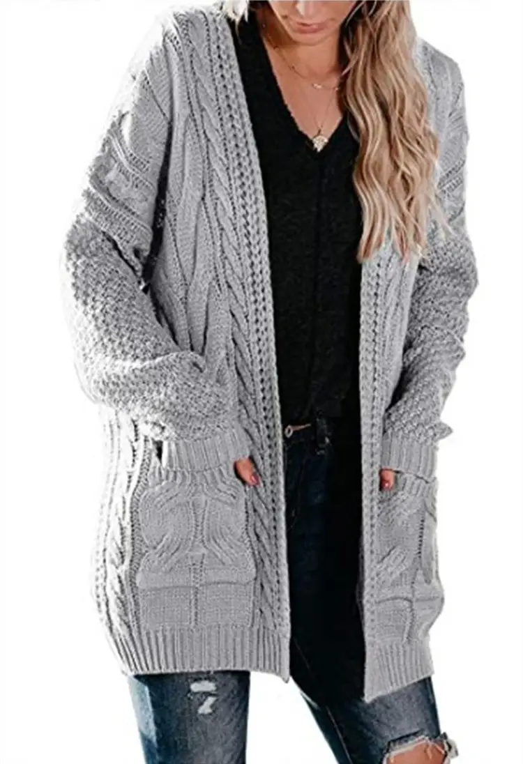 Women's Green Twist Knitted Mid-Length Jacket with Pocket - Image 4