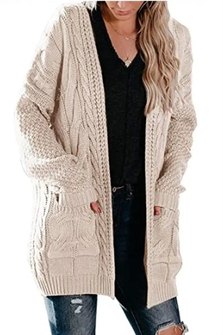 Women's Green Twist Knitted Mid-Length Jacket with Pocket - Image 6