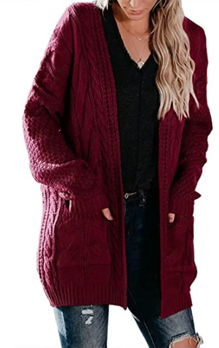 Women's Green Twist Knitted Mid-Length Jacket with Pocket - Image 8