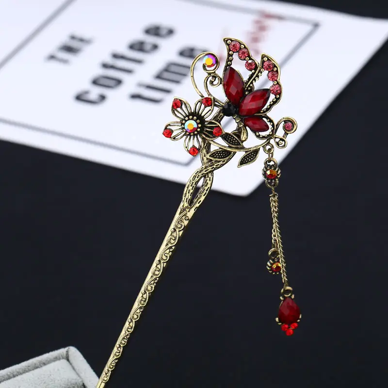 Vintage Floral Hairpin with Red Diamond Inlay - Image 6