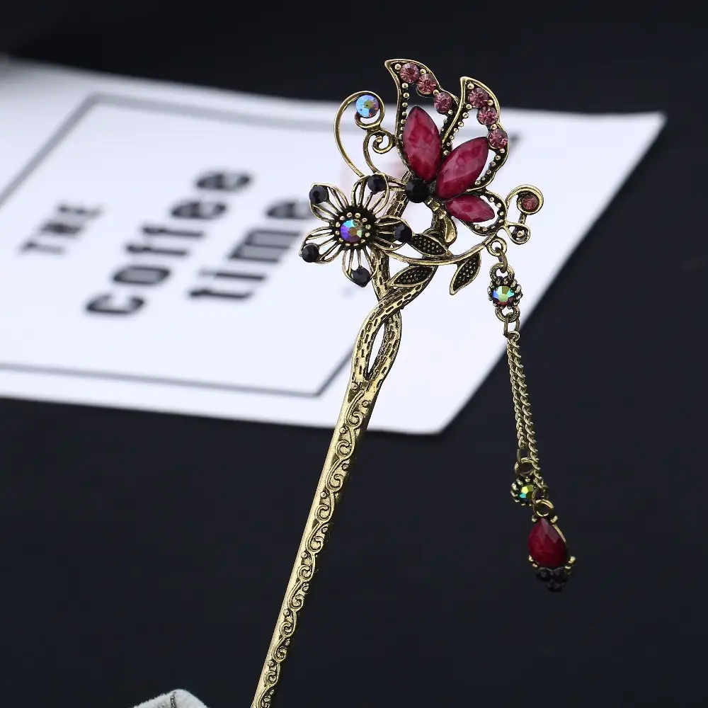 Vintage Floral Hairpin with Red Diamond Inlay - Image 2