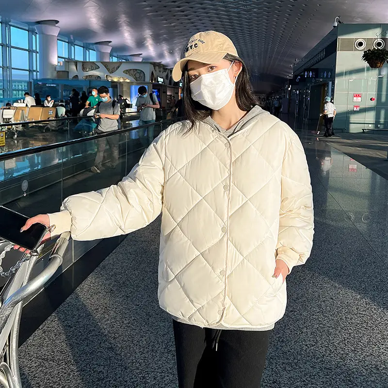 Women's Brown Collarless Puffer Coat Winter Autumn Lightweight Cotton - Image 2