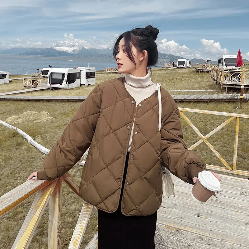 Women's Brown Collarless Puffer Coat Winter Autumn Lightweight Cotton - Image 5