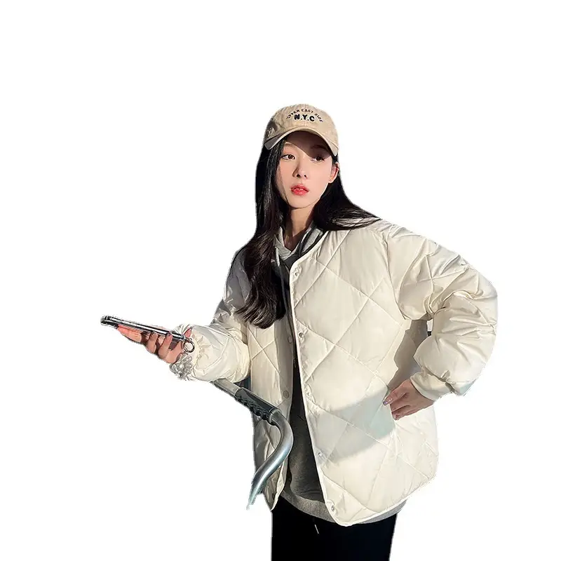 Women's Brown Collarless Puffer Coat Winter Autumn Lightweight Cotton - Image 6