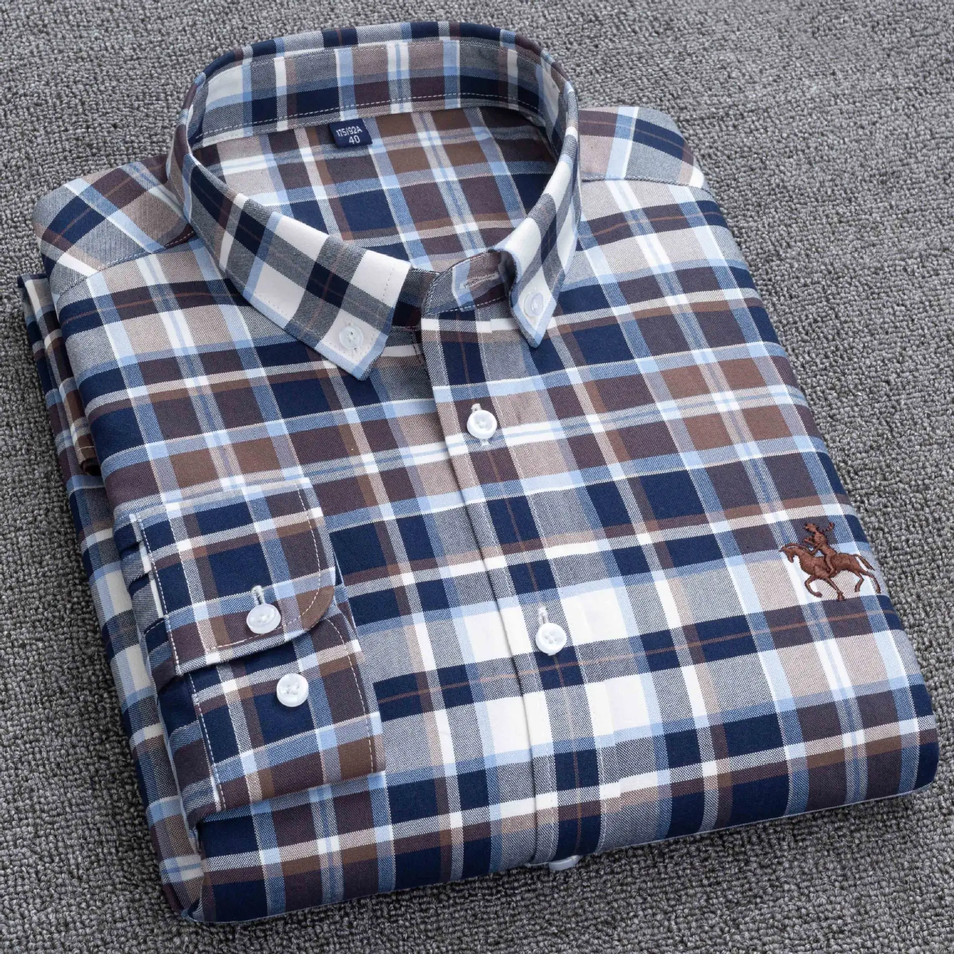 Men's Blue Plaid Cotton Oxford Shirt Long Sleeve - Image 4
