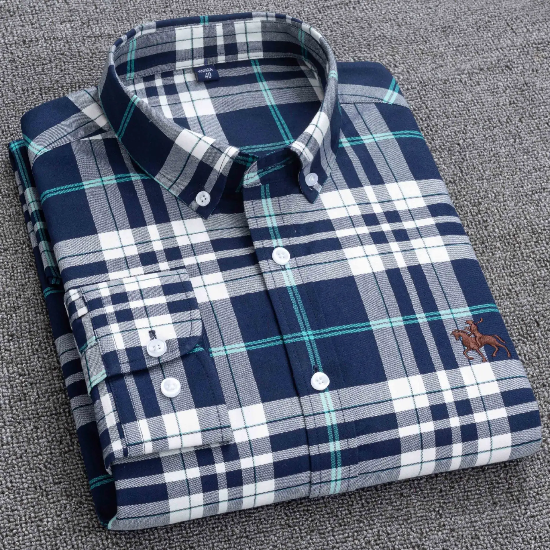 Men's Blue Plaid Cotton Oxford Shirt Long Sleeve - Image 5