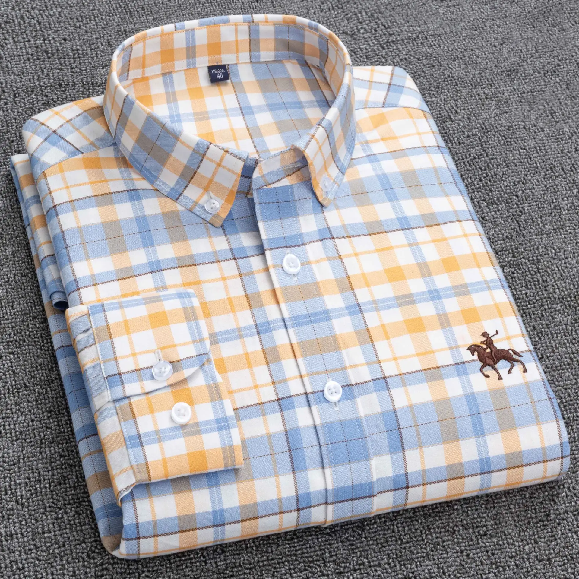 Men's Blue Plaid Cotton Oxford Shirt Long Sleeve - Image 7