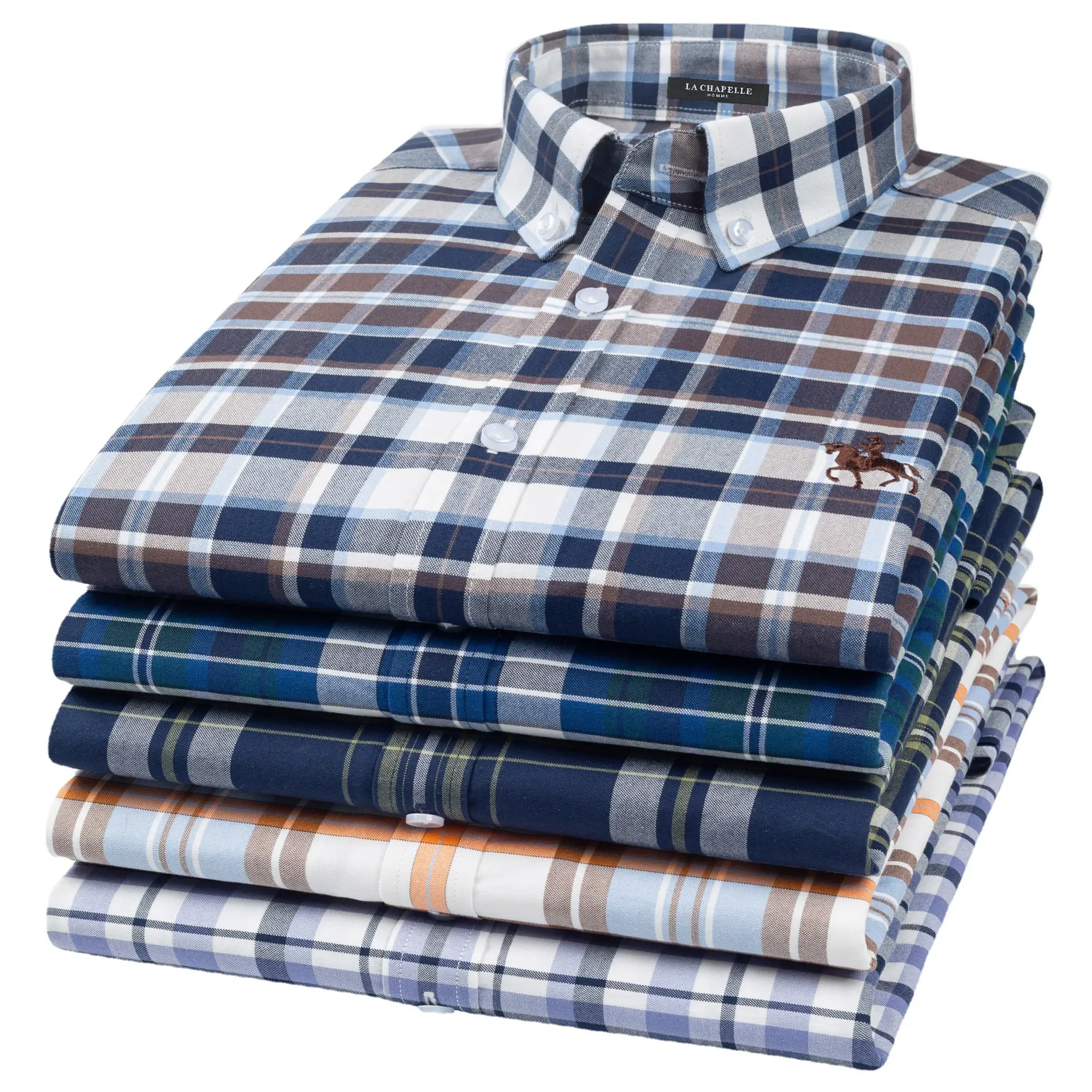Men's Blue Plaid Cotton Oxford Shirt Long Sleeve - Image 8