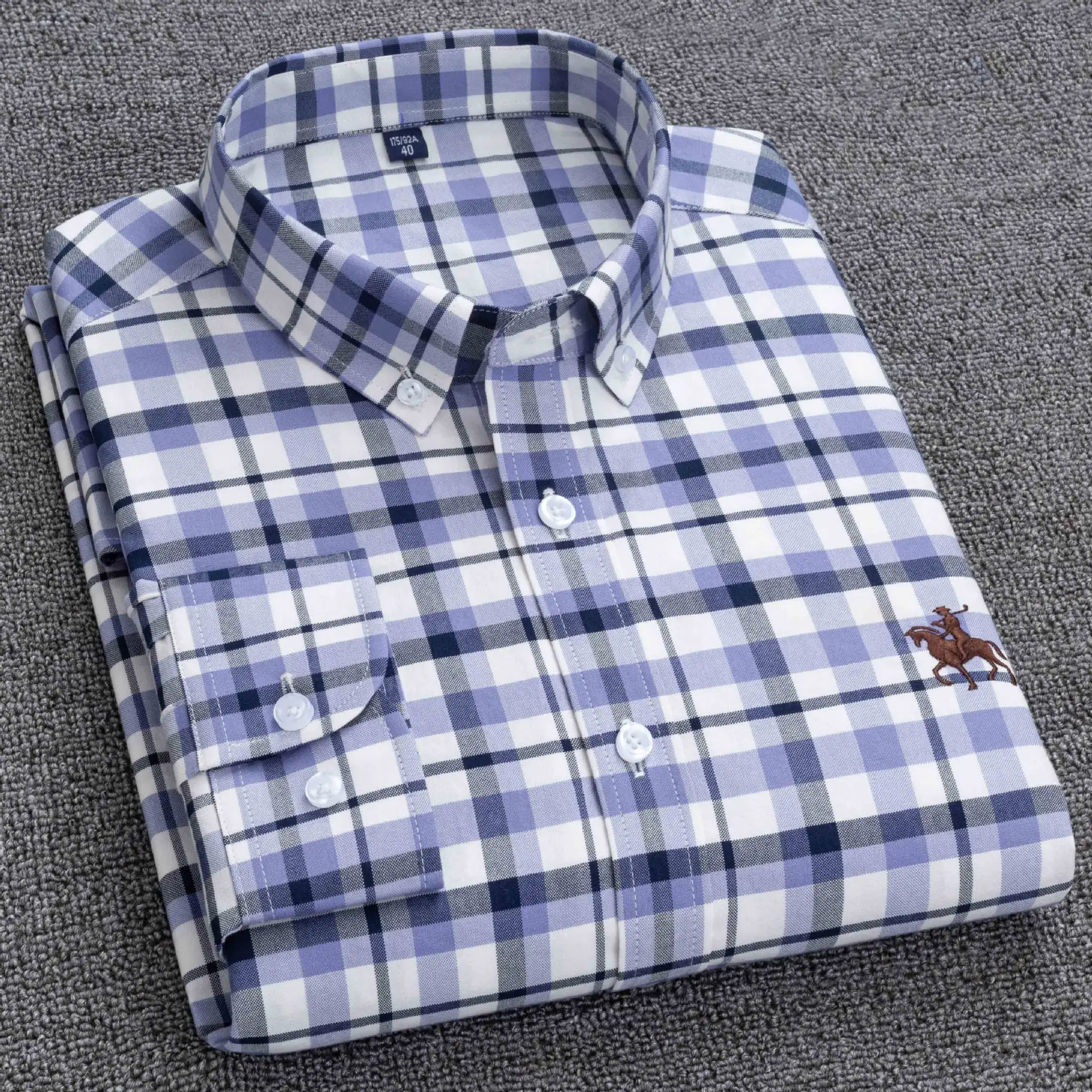 Men's Blue Plaid Cotton Oxford Shirt Long Sleeve - Image 2