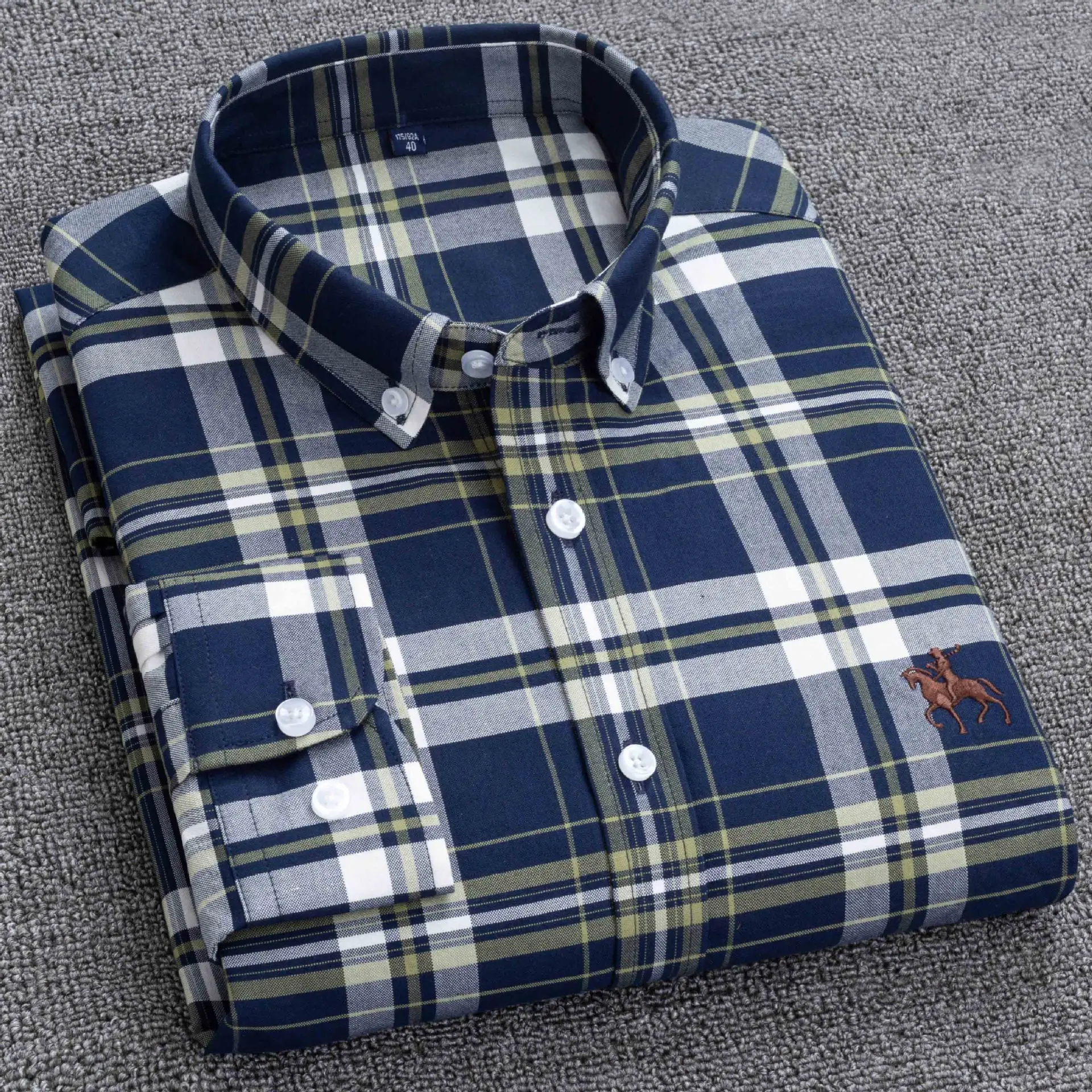 Men's Blue Plaid Cotton Oxford Shirt Long Sleeve - Image 3