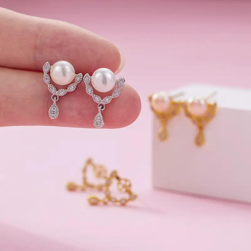 Inlaid Zircon Pearl Earrings for Women - Image 2