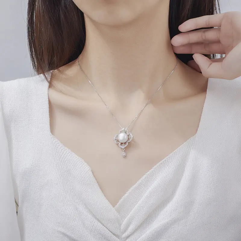 Vintage Hollow Pearl Pendant with Zircon Drop - Image 2