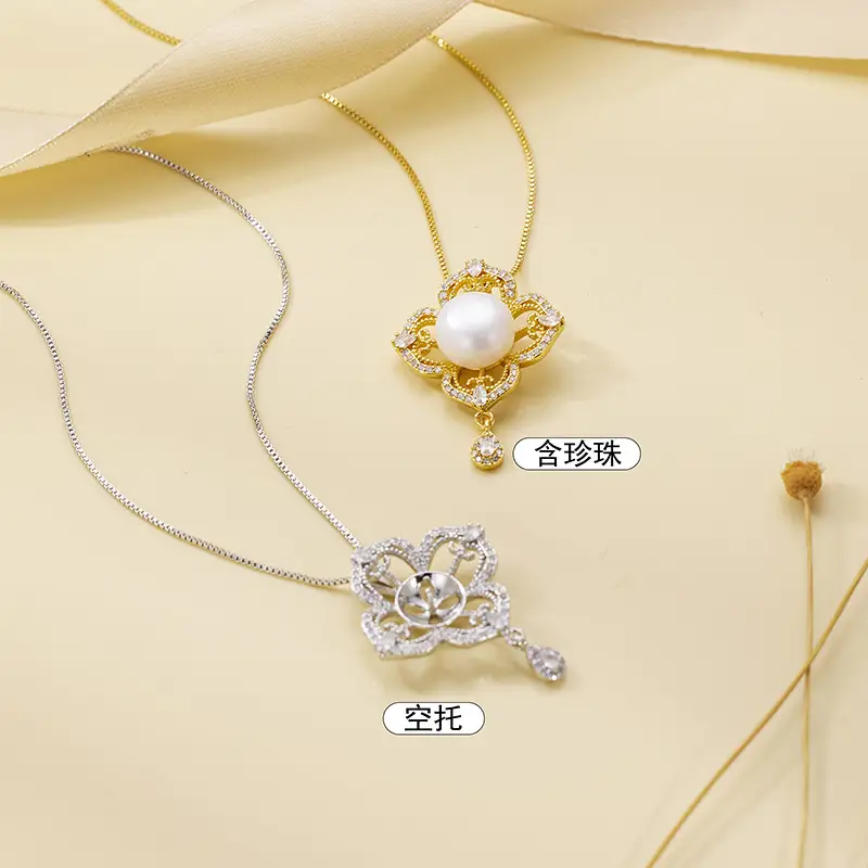 Vintage Hollow Pearl Pendant with Zircon Drop - Image 3