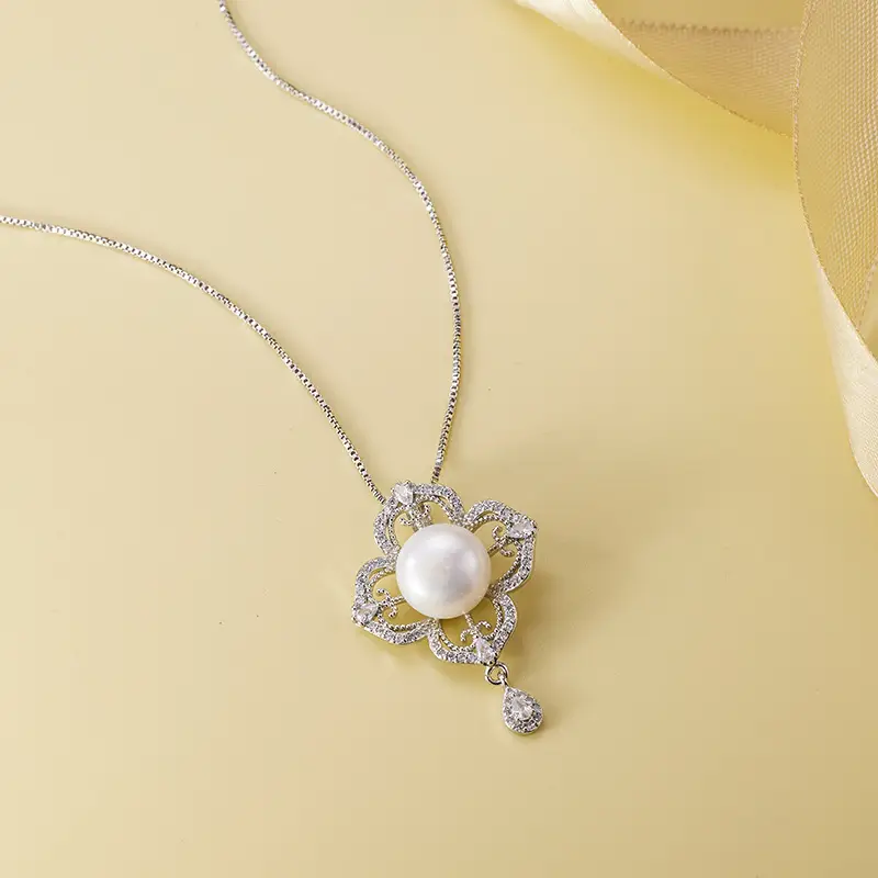 Vintage Hollow Pearl Pendant with Zircon Drop - Image 4