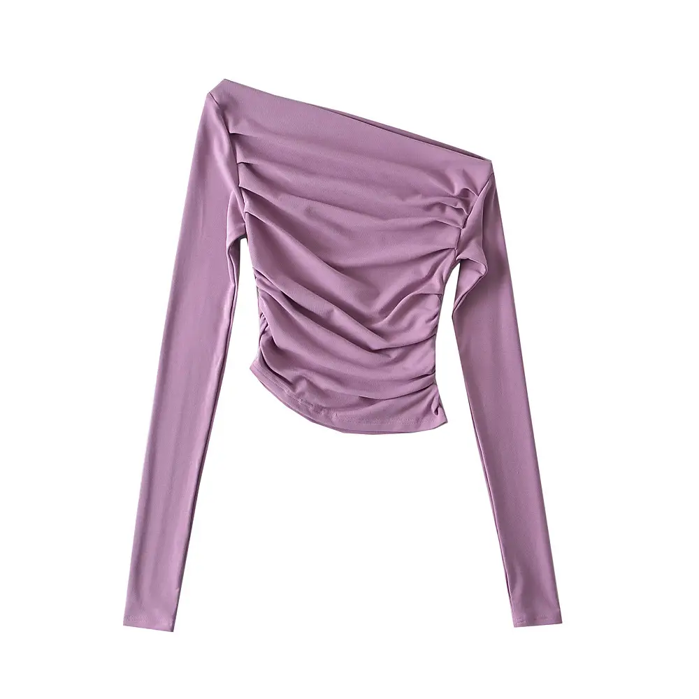White Asymmetric Slant Collar Long Sleeve Top for Women