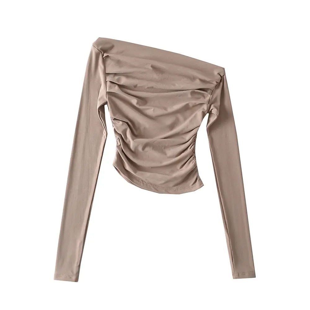 White Asymmetric Slant Collar Long Sleeve Top for Women