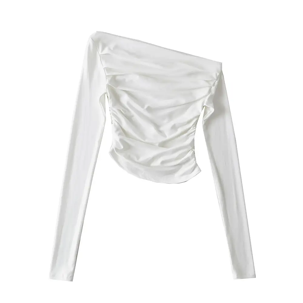 White Asymmetric Slant Collar Long Sleeve Top for Women