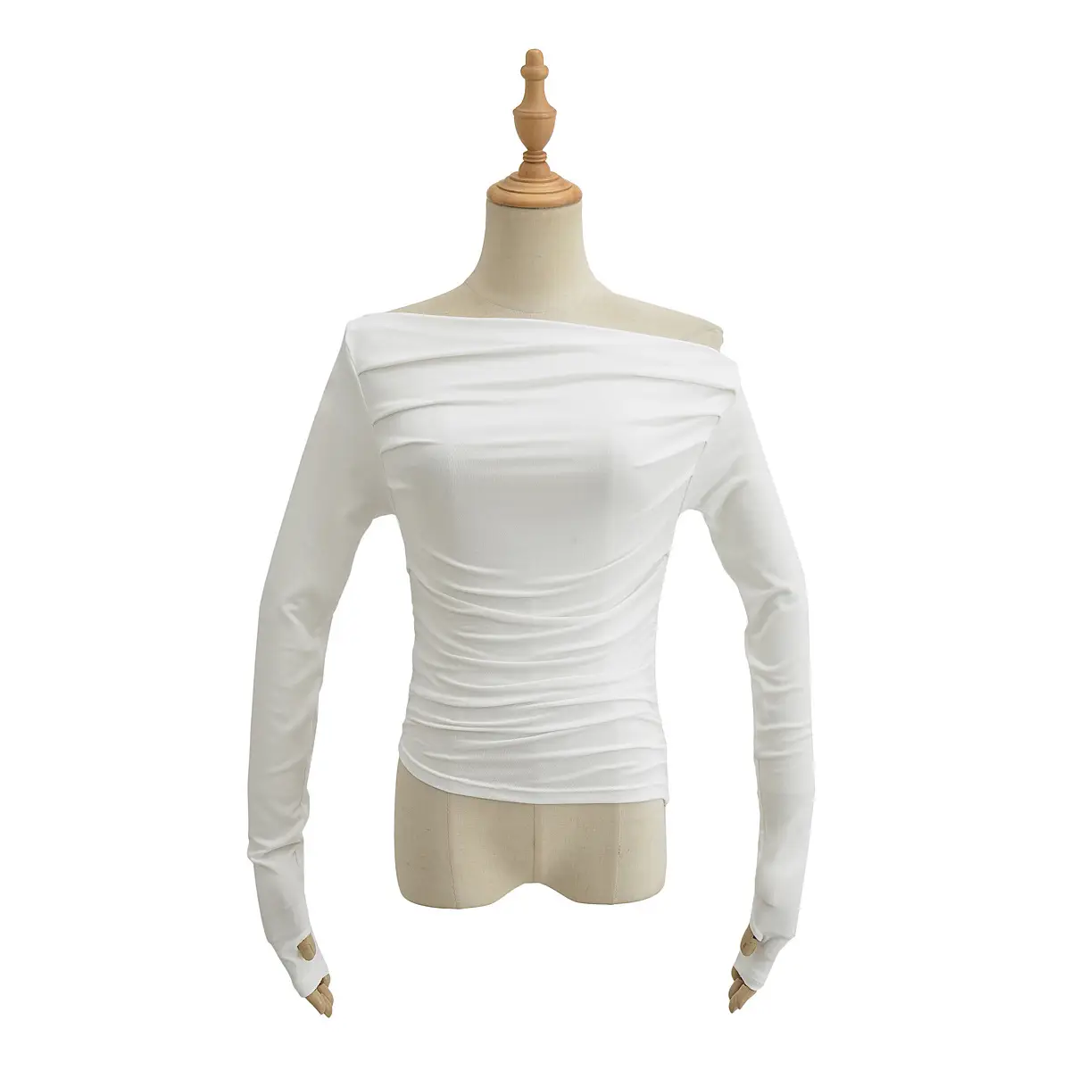 White Asymmetric Slant Collar Long Sleeve Top for Women