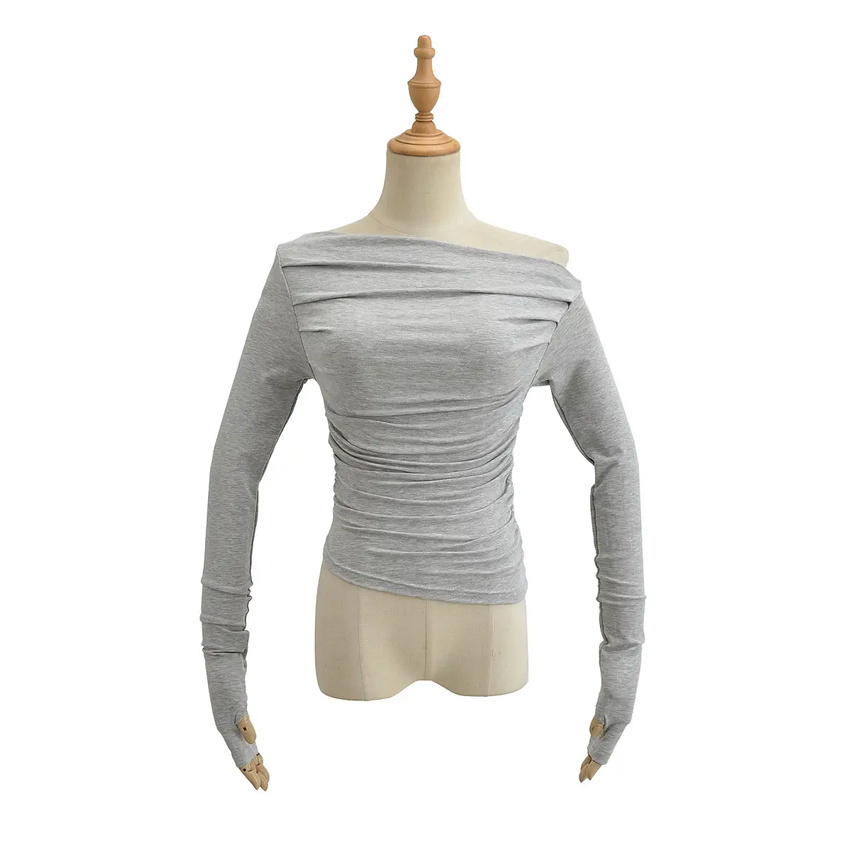 White Asymmetric Slant Collar Long Sleeve Top for Women
