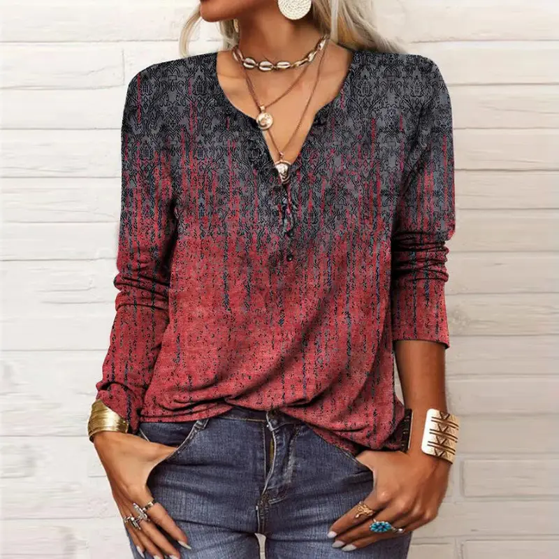 Women Printed Long Sleeve T-Shirt Red National Pattern - Image 11