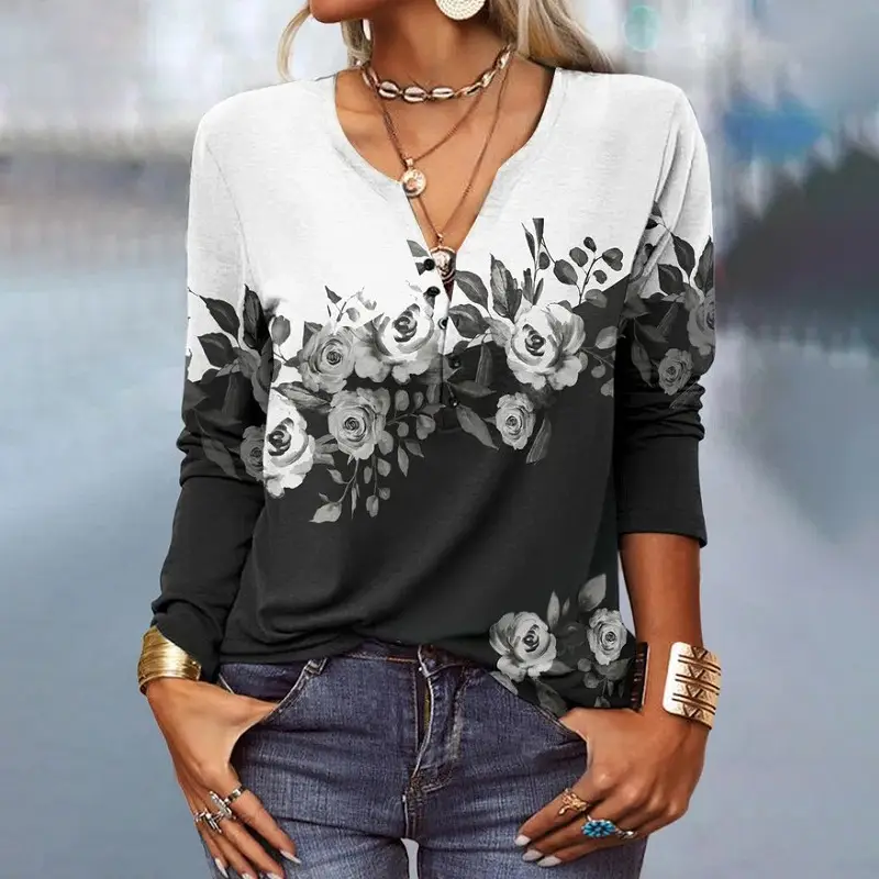 Women Printed Long Sleeve T-Shirt Red National Pattern - Image 12