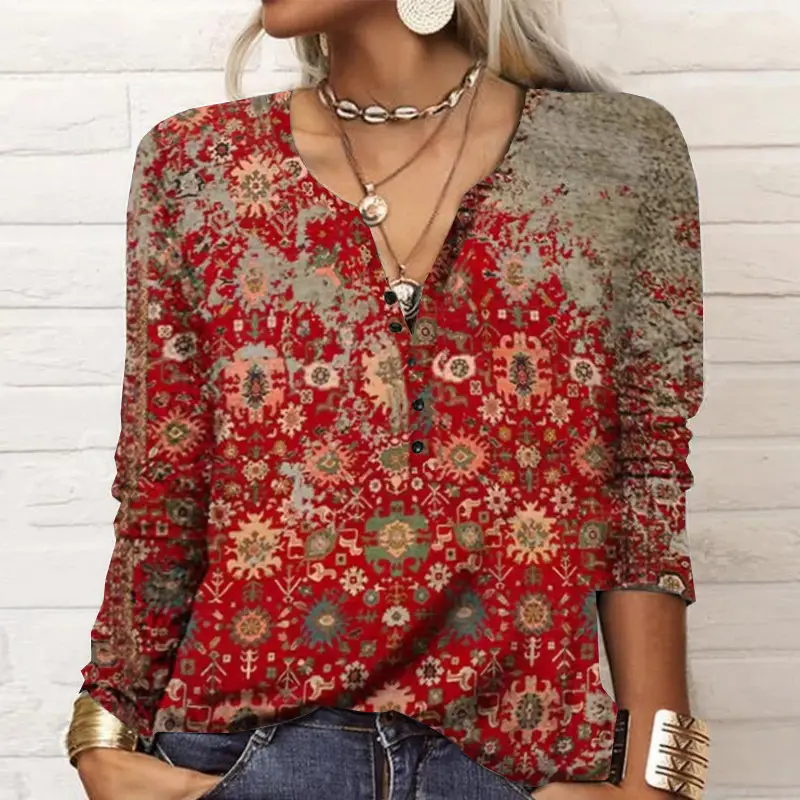 Women Printed Long Sleeve T-Shirt Red National Pattern - Image 3