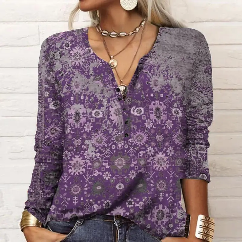 Women Printed Long Sleeve T-Shirt Red National Pattern - Image 6