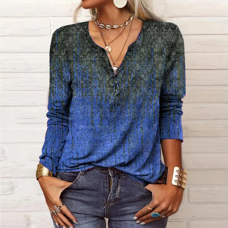 Women Printed Long Sleeve T-Shirt Red National Pattern - Image 8