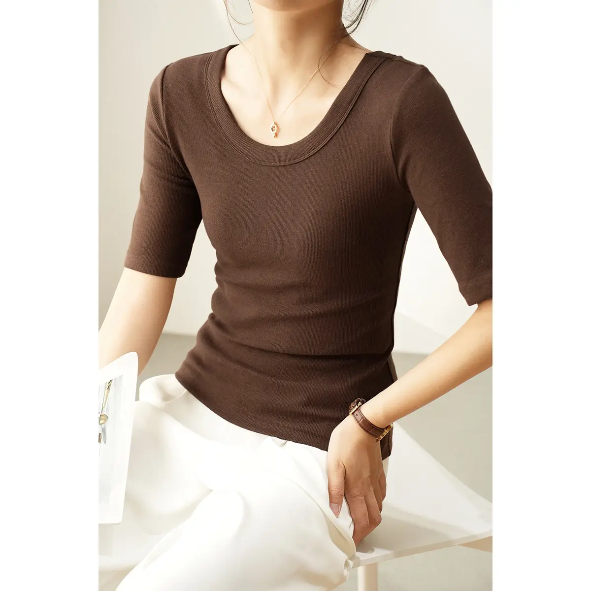 Women's Ribbed Slim Fit T-Shirt 300g Ecocos