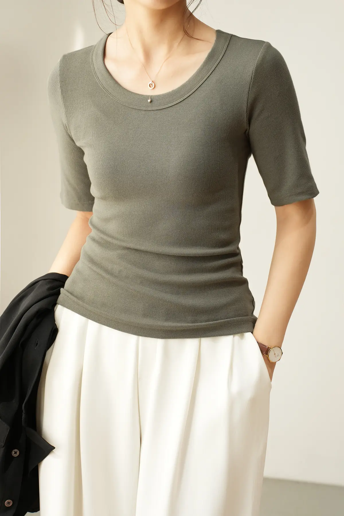 Women's Ribbed Slim Fit T-Shirt 300g Ecocos — feature 6