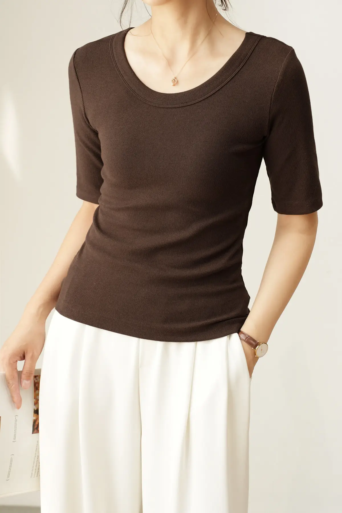 Women's Ribbed Slim Fit T-Shirt 300g Ecocos — feature 8