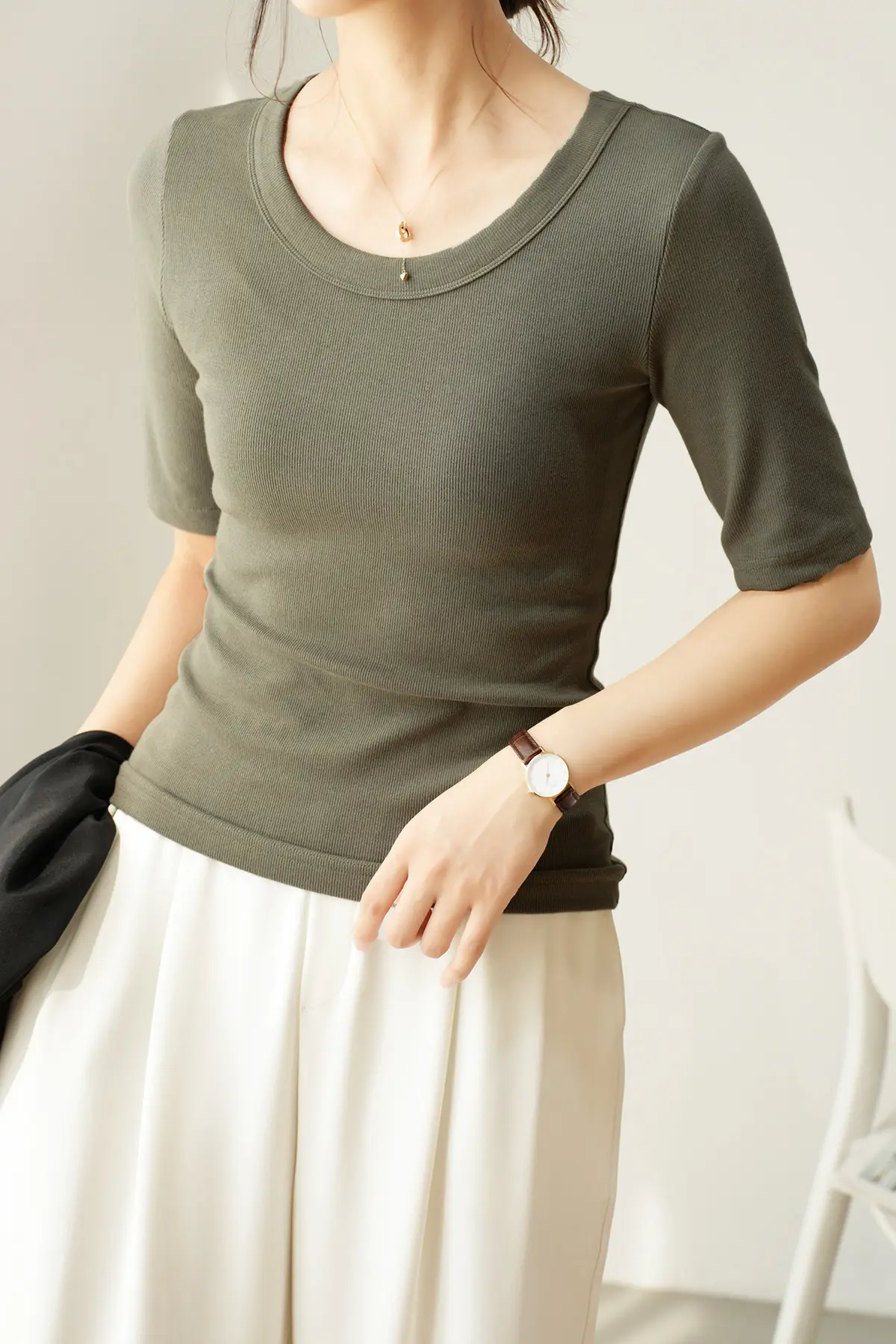Women's Ribbed Slim Fit T-Shirt 300g Ecocos