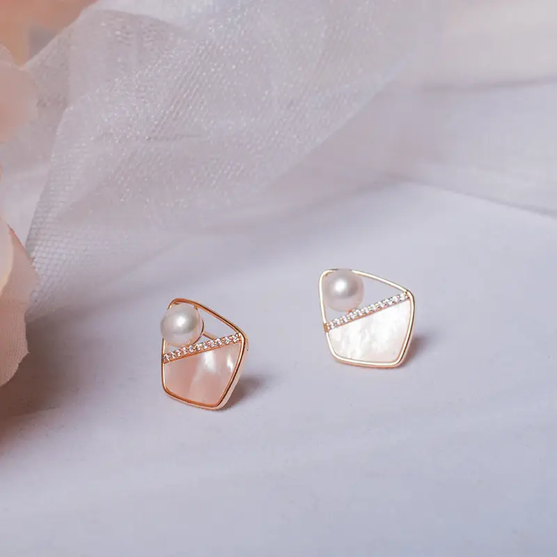 French Style Pearl Earrings Small Chanel Inspired Geometric Rhombus Stud Earrings - Image 2