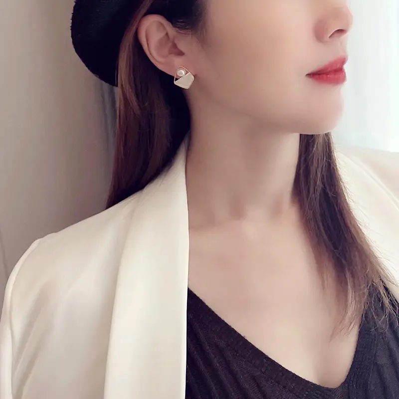 French Style Pearl Earrings Small Chanel Inspired Geometric Rhombus Stud Earrings - Image 3