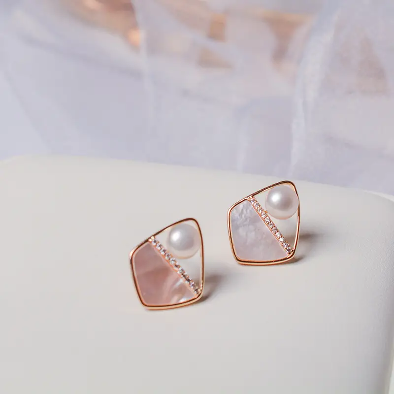 French Style Pearl Earrings Small Chanel Inspired Geometric Rhombus Stud Earrings - Image 4