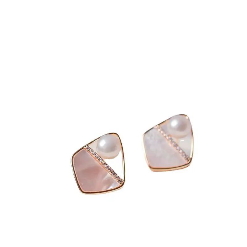 French Style Pearl Earrings Small Chanel Inspired Geometric Rhombus Stud Earrings - Image 5